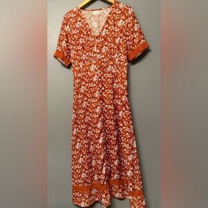 Roolee Floral Short Sleeve Maxi Dress Size Medium Lightweight Summerdress Orange
